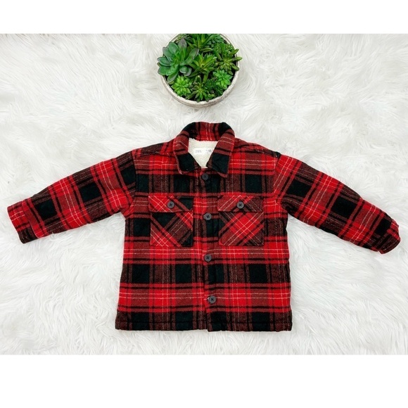 Zara Kids Toddler Plaid Red Button Down Pockets Faux Flannel Jacket Sz 2-3 Yrs - Picture 1 of 14